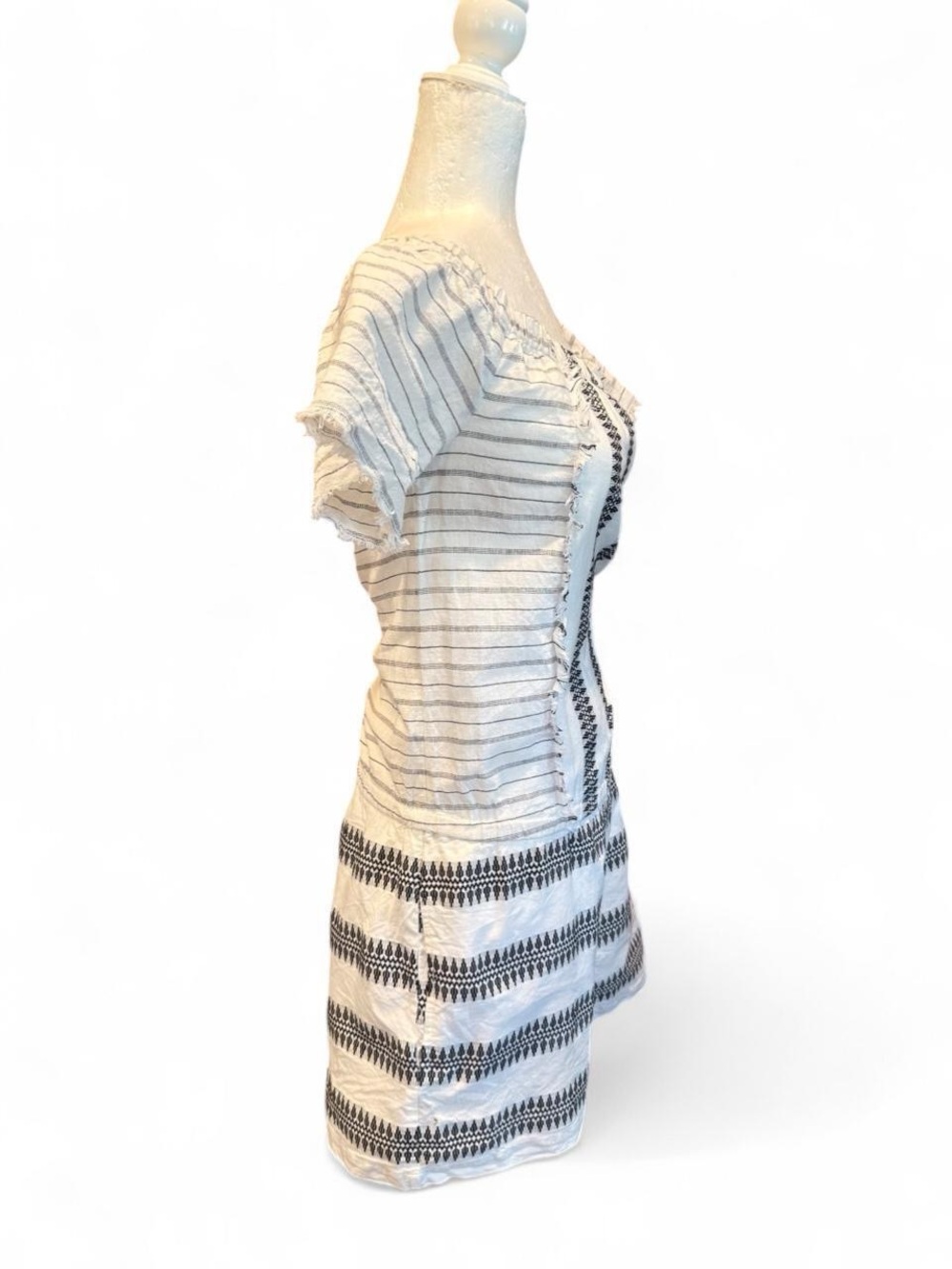 Lovestitch White Cotton Romper W/Black Vertical Stripes And Geometric Pattern. - Picture 4 of 8
